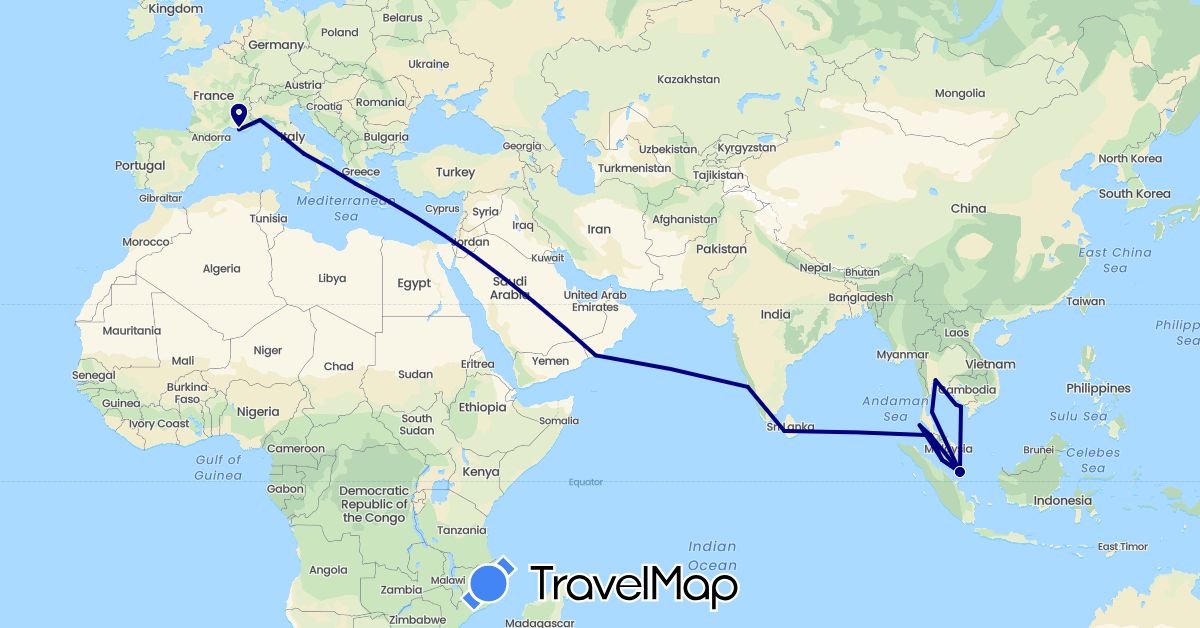 TravelMap itinerary: driving in France, Greece, India, Italy, Cambodia, Sri Lanka, Malaysia, Oman, Singapore, Thailand, Vietnam (Asia, Europe)